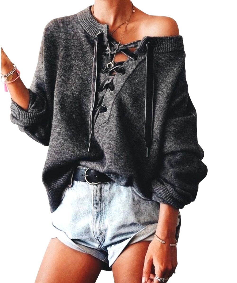 Rails Wool Cashmere Lace Front Sweater Size L Gray Oversized Relaxed